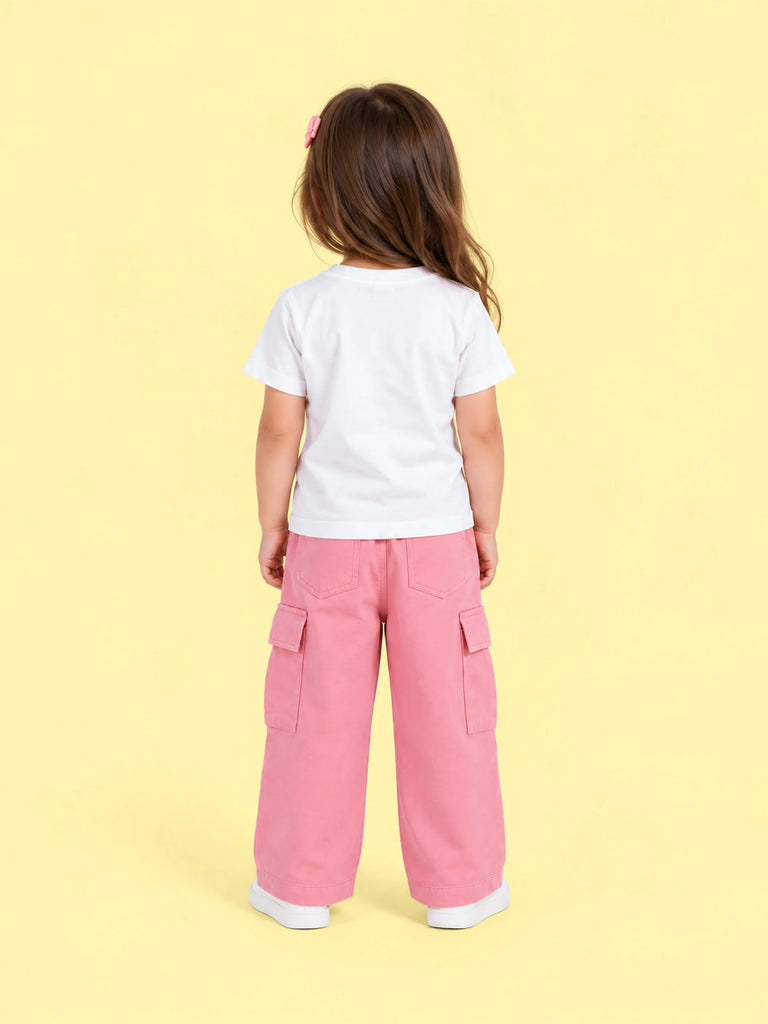 Girls Cotton Co-Ord Set – White Graphic T-Shirt & Pink Cargo Pants