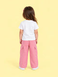 Girls Cotton Co-Ord Set – White Graphic T-Shirt & Pink Cargo Pants