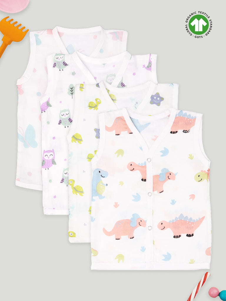 Kidbea 100 % Bamboo Fabric baby unisex Jhabla | Pack of 4 | Turtle, Owl, Butterfly & Dinasour