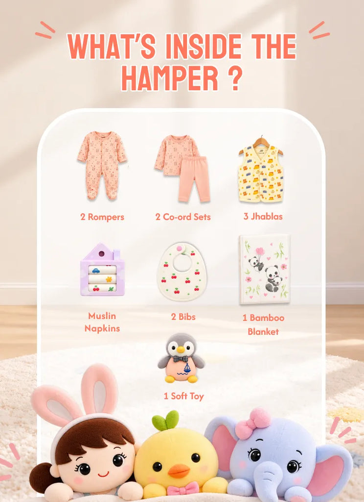 The Little Treasure - Baby Premium Gift Hamper – 2 Rompers, 2 Co-ord Sets, 3 Jhablas, Bibs, Muslin Napkins, Soft Toy & Bamboo Blanket