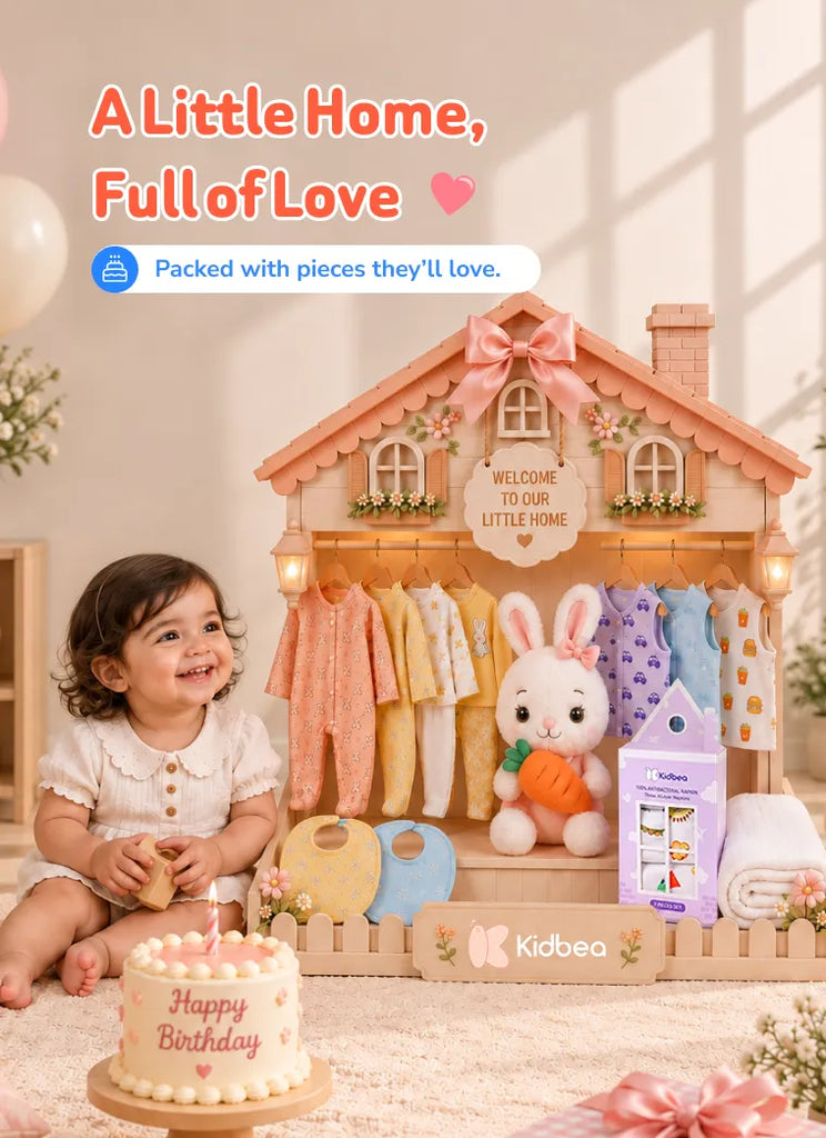 The Little Treasure - Baby Premium Gift Hamper – 2 Rompers, 2 Co-ord Sets, 3 Jhablas, Bibs, Muslin Napkins, Soft Toy & Bamboo Blanket