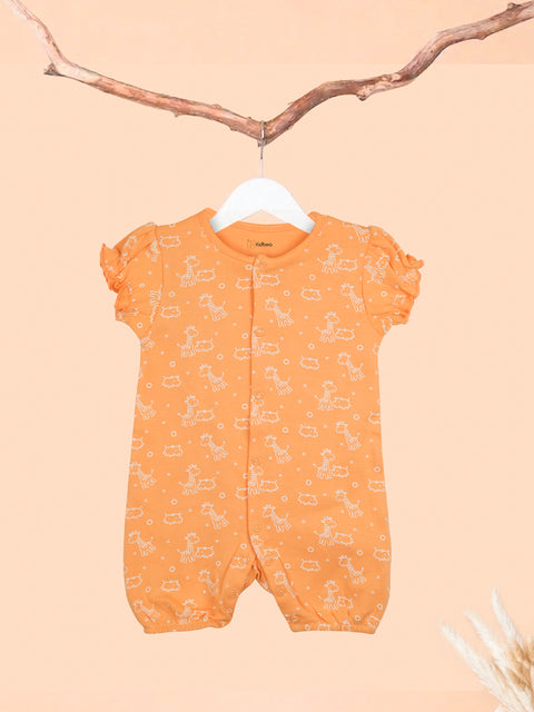 Baby Girl Orange Giraffe Print Romper with Ruffle Sleeves