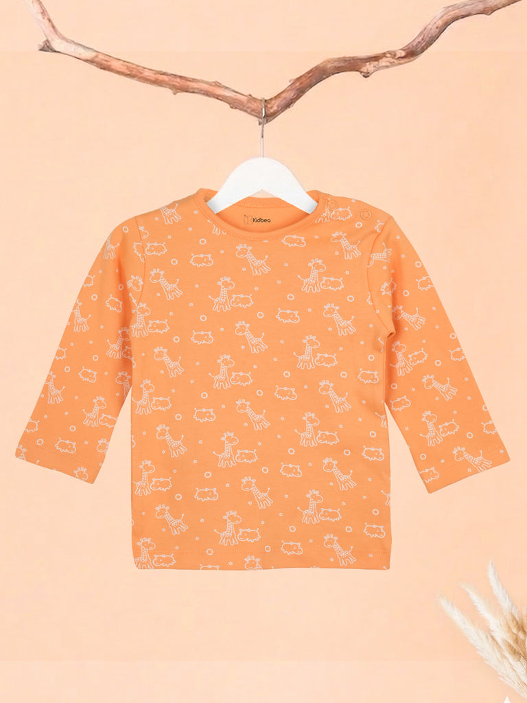 Organic Cotton Unisex Baby Co-ord Set – Soft Breathable Orange Giraffe Print Full Sleeve T-shirt & Pyjama for Infants
