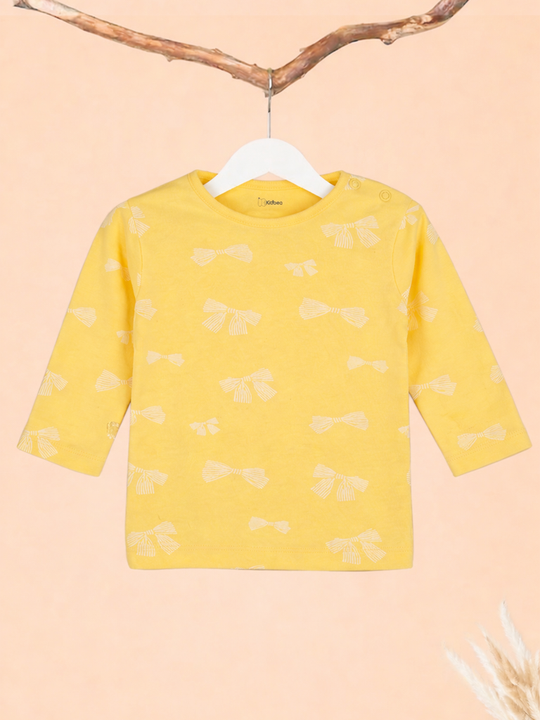 Organic Cotton Unisex Baby Co-ord Set – Soft Breathable Yellow Bow Print Full Sleeve T-shirt & Pyjama for Infants