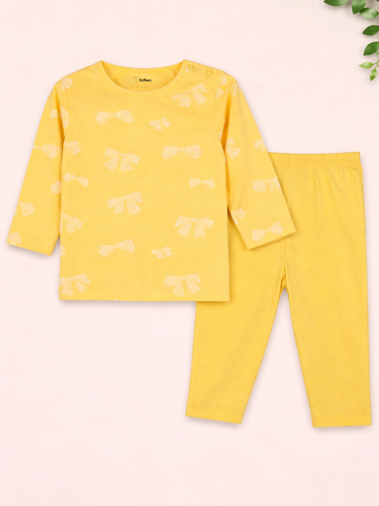 Organic Cotton Unisex Baby Co-ord Set – Soft Breathable Yellow Bow Print Full Sleeve T-shirt & Pyjama for Infants
