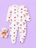Cotton Baby Footed Romper – White Bow & Star Print Full-Sleeve Romper