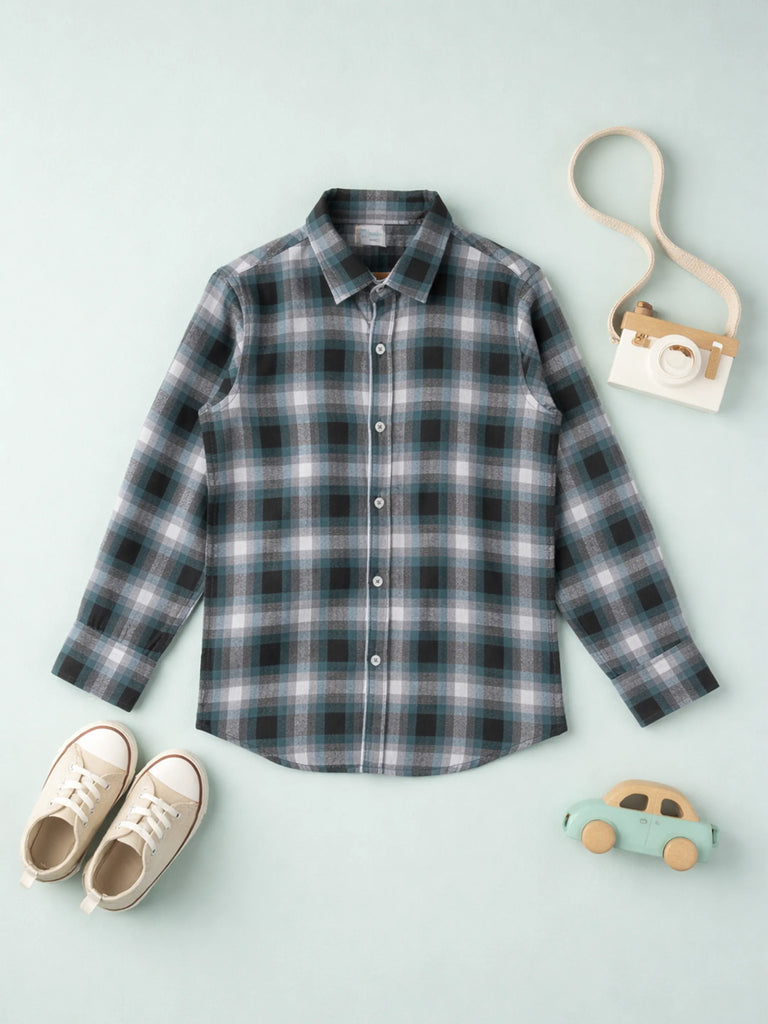 Boys Blue Checked Full Sleeve Shirt | 100% Organic Cotton