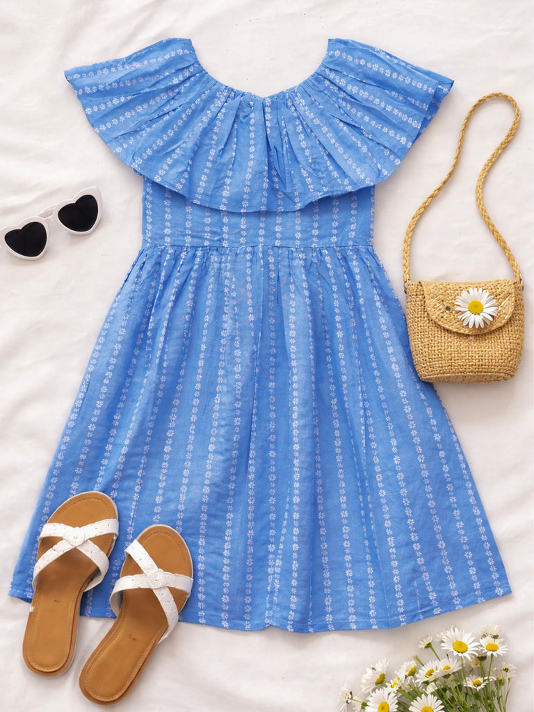 Girls Blue Printed Sleeveless Frock | 100% Organic Cotton
