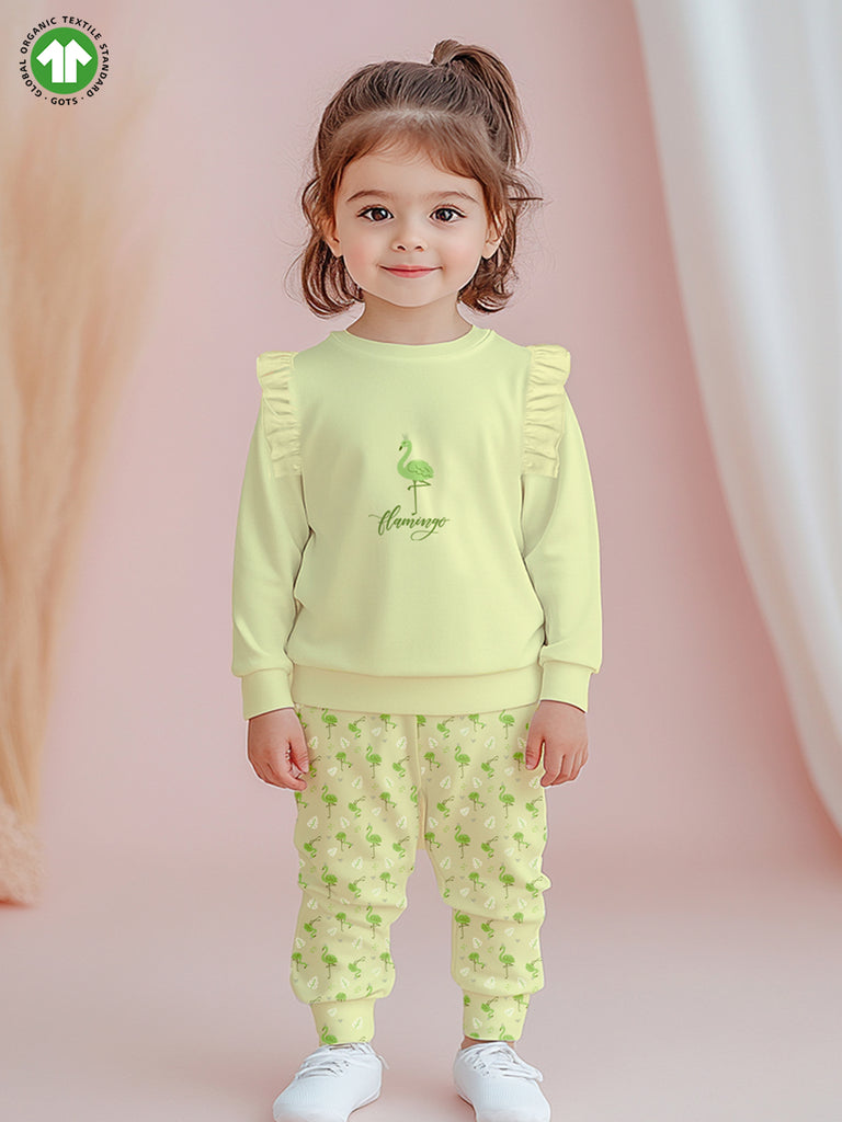 100% Bamboo Cotton Girls Full Sleeves Flamingo Printed Co-Ord Set - Soft Yellow