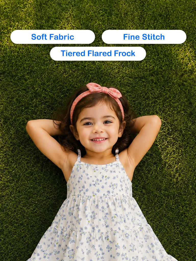 Girls Cotton White Floral Print Frock