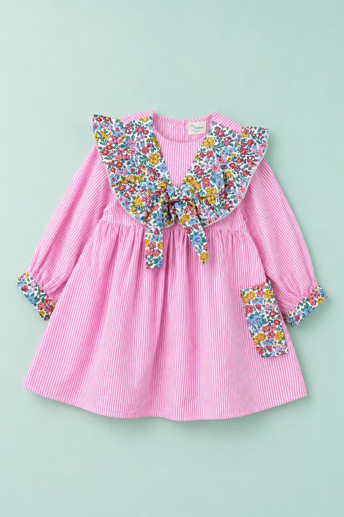 Light Organic Cotton Pink Floral Collar Full Sleeve Frock Dress