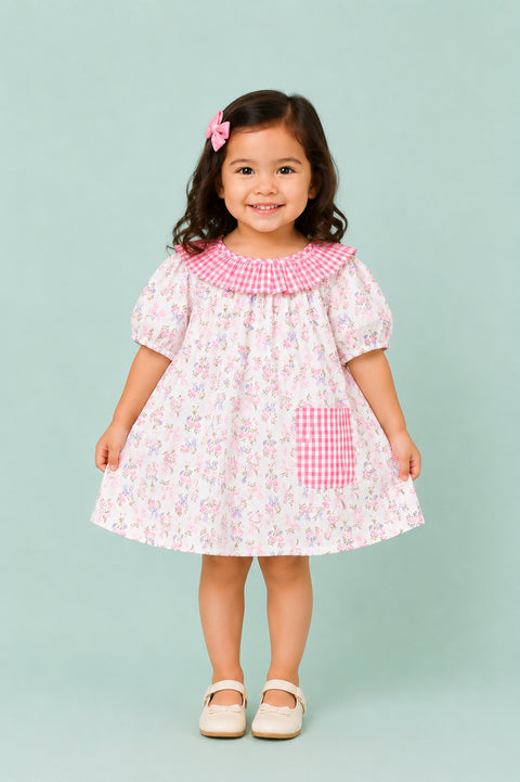 Light Organic Cotton Floral Print Pink Collar Frock Dress