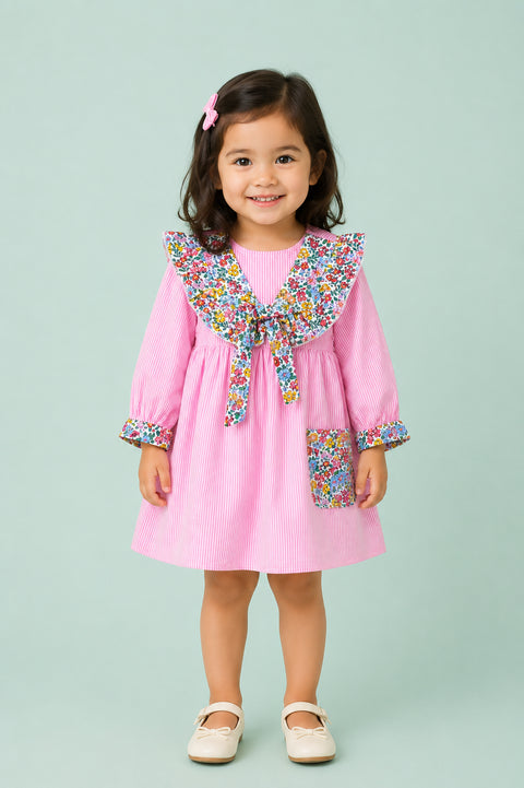 Light Organic Cotton Pink Floral Collar Full Sleeve Frock Dress