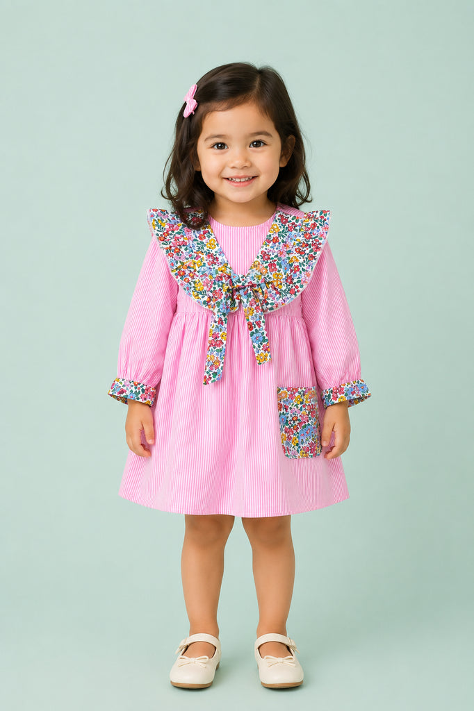 Light Organic Cotton Pink Floral Collar Full Sleeve Frock Dress
