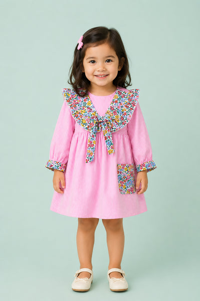 Light Organic Cotton Pink Floral Collar Full Sleeve Frock Dress