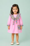 Light Organic Cotton Pink Floral Collar Full Sleeve Frock Dress