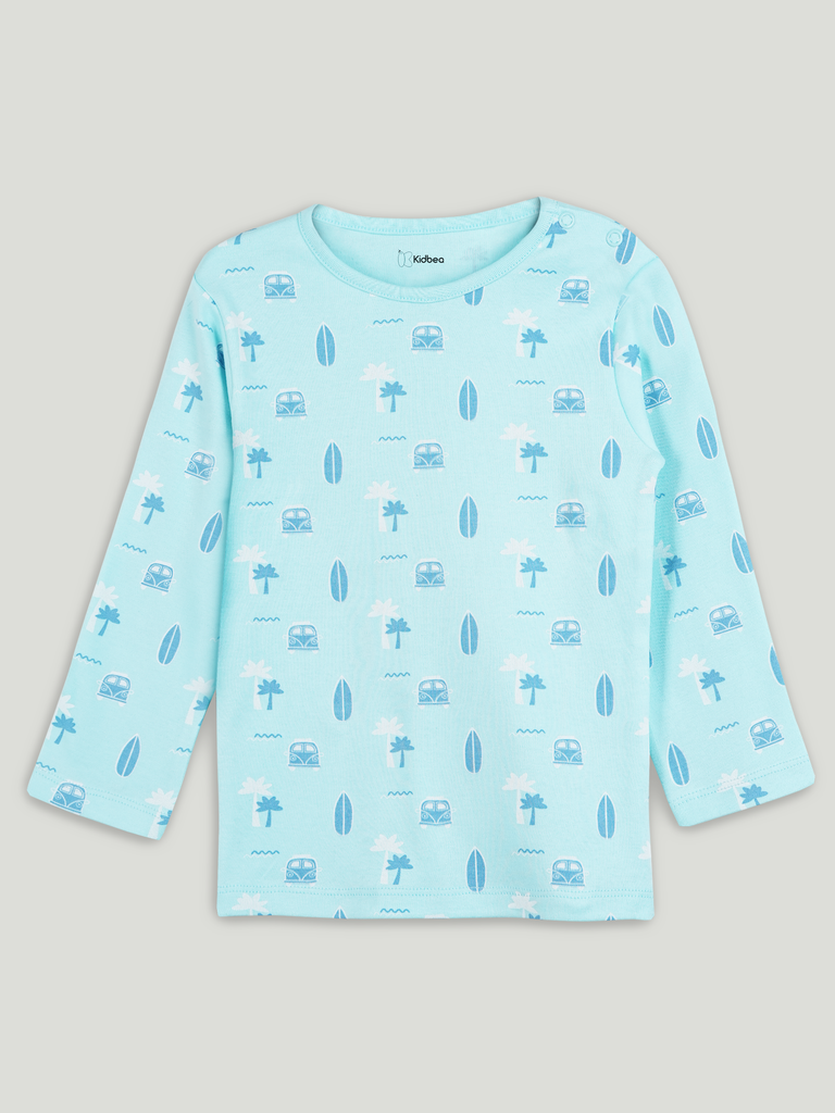 Organic Cotton Unisex Baby Co-ord Set – Soft Breathable Sky Blue Beach Print Full Sleeve T-shirt & Pyjama for Infants