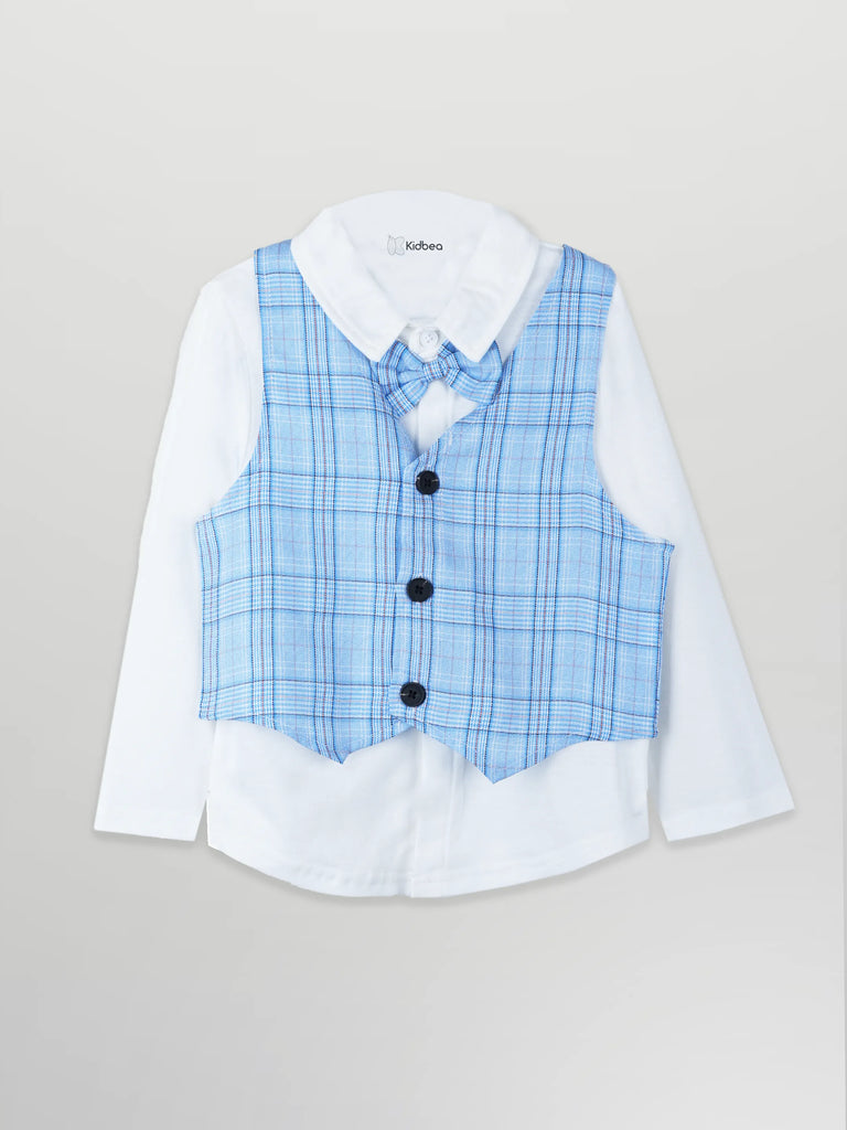 Baby Boy Checked Waistcoat Suit Set | Formal Shirt, Pants, Waist, Cap & Bow