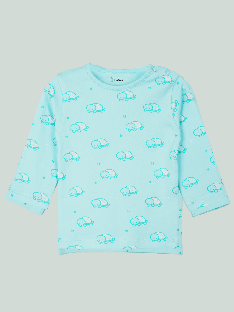 Organic Cotton Unisex Baby Co-ord Set – Soft Breathable Blue Turtle Print Full Sleeve T-shirt & Pyjama for Infants