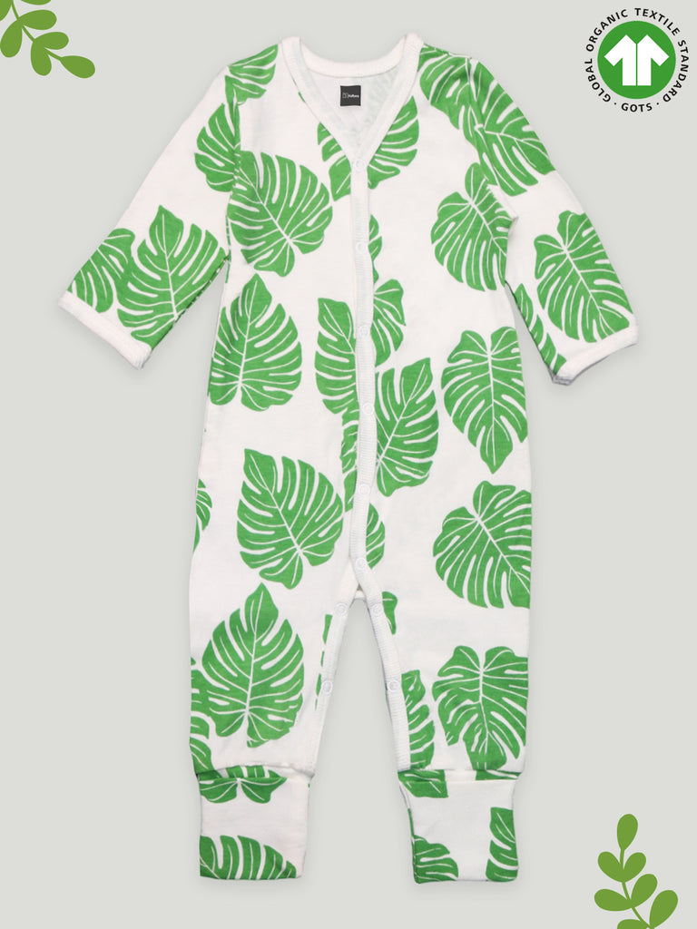 Kidbea 100% cotton fabric full sleeves  & full buttons romper | Leaf  | Green