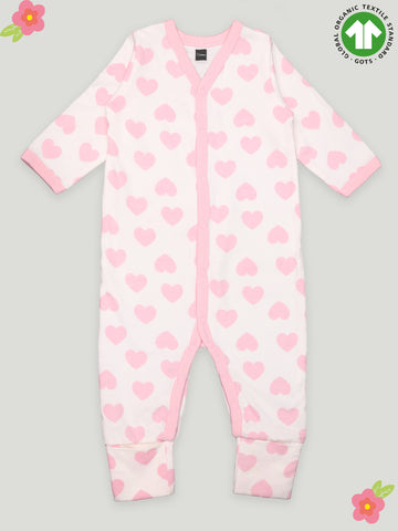 Kidbea 100% cotton  fabric full sleeves & full buttons romper | Heart | Pink