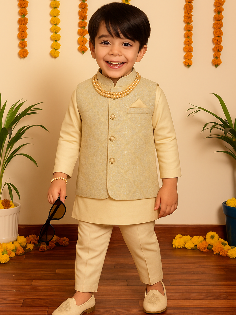 Kidbea Boys Kurta Pajama with Elegant Embroidered Jacket | Ethnic Set for Weddings & Festivals | Cream