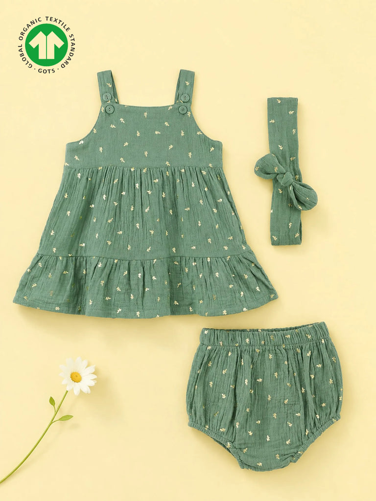 Girls Organic Cotton Sage Green Floral Print Dress & Bloomers Set with Headband