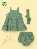 Girls Organic Cotton Sage Green Floral Print Dress & Bloomers Set with Headband