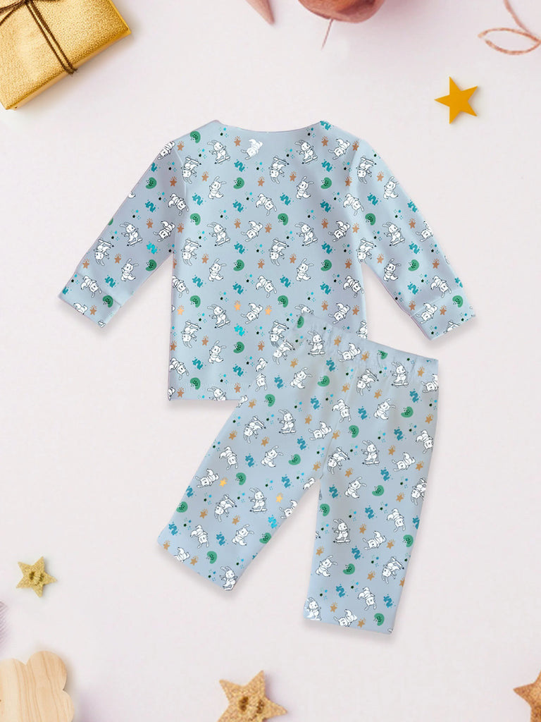 100% Bamboo Cotton Unisex Full Sleeves Bunny Printed Co-Ord Set - Sky Blue