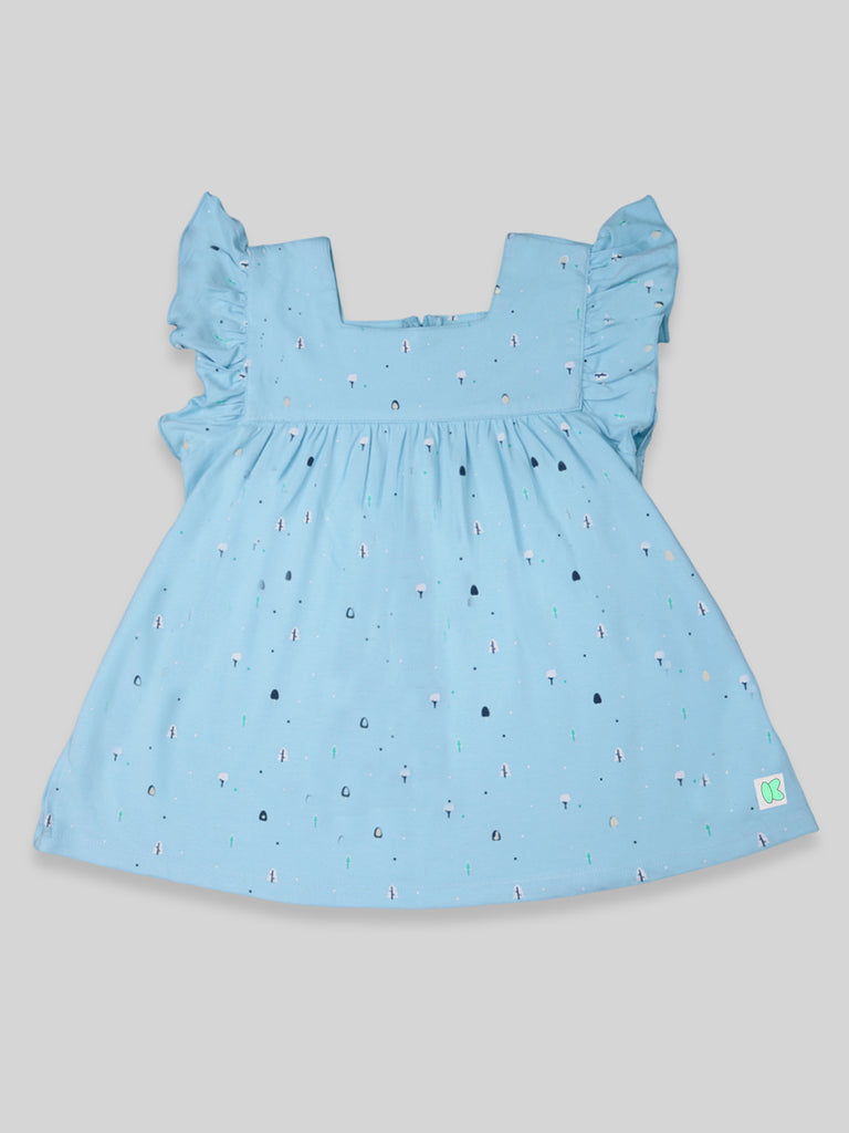 100% Bamboo Ultra-Soft Premium Fabric Baby Girl Frock with ruffled sleeves - Blue