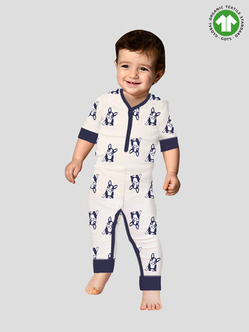 Kidbea 100% cotton fabric full sleeves & half Buttons romper | Dog | Blue