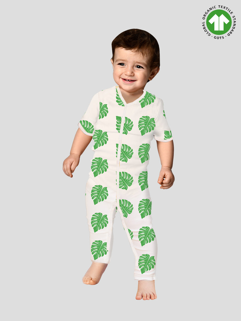 Kidbea 100% cotton fabric full sleeves  & full buttons romper | Leaf  | Green