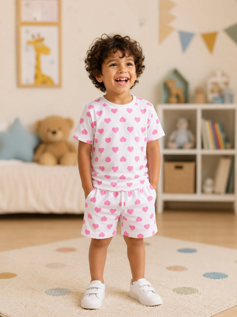 Organic Cotton Unisex Kids Co-ord Set – Soft Breathable Heart Print T-Shirt & Shorts Set
