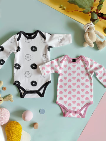 Kidbea 100% Organic cotton baby Pack of 2 onesies Unisex |  Donut - Black and Heart - Pink