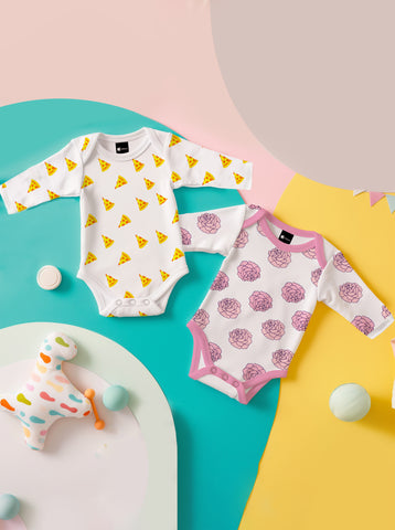Kidbea 100% Organic cotton baby Pack of 2 onesies Unisex |  Pizza - Yellow and Flower - Pink