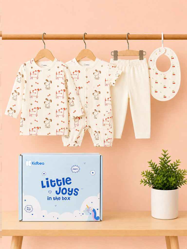 Organic Cotton Baby Gift Set – White Dog Print T-shirt, Pyjama, Half Romper & Bib For 0-18 Months (4 Piece Set)