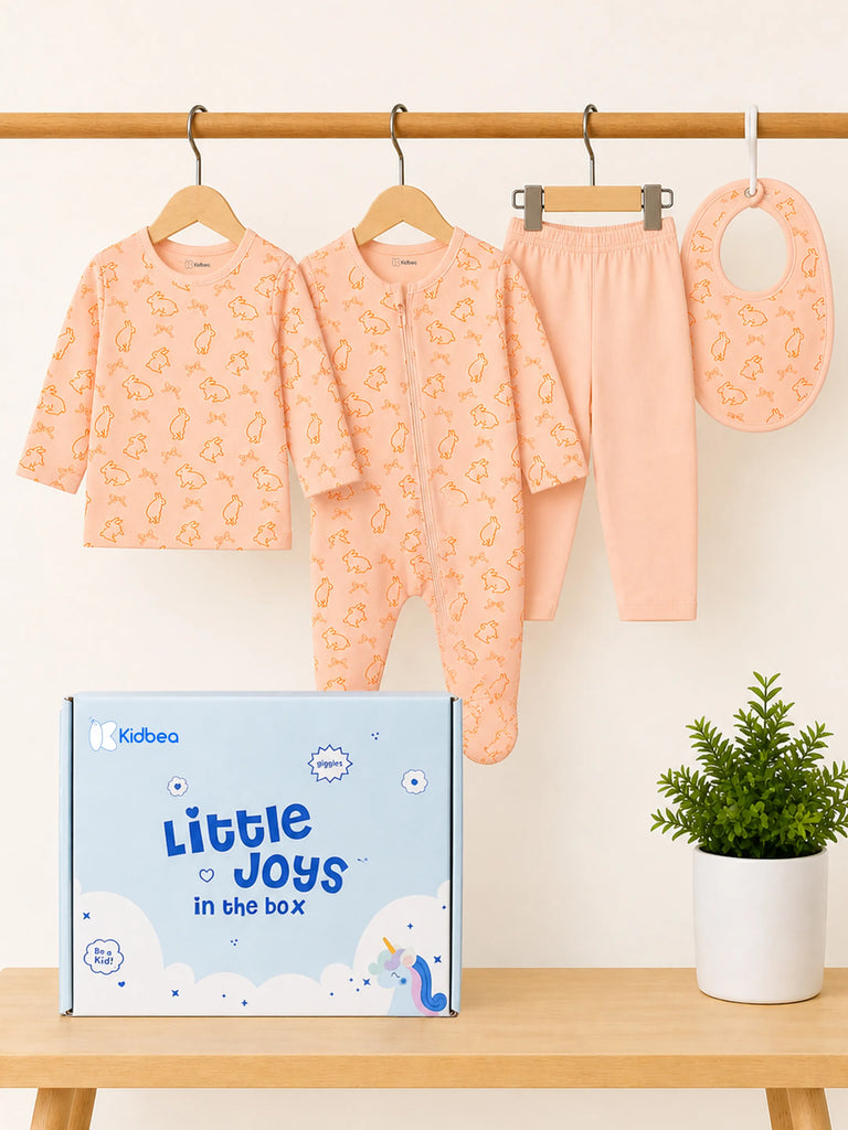 Organic Cotton Baby Gift Set – Bunny Print T-Shirt, Pyjama, Full Romper & Bib for 0–18 Months (4 Piece Set)