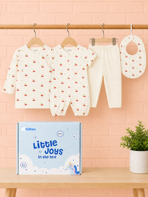 Organic Cotton Baby Gift Set – Cherry Print T-Shirt, Pyjama, Half Romper & Bib for 0–18 Months (4 Piece Set)