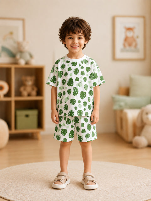 Organic Cotton Unisex Kids Co-ord Set – Soft Breathable Leaf Print T-Shirt & Shorts Set