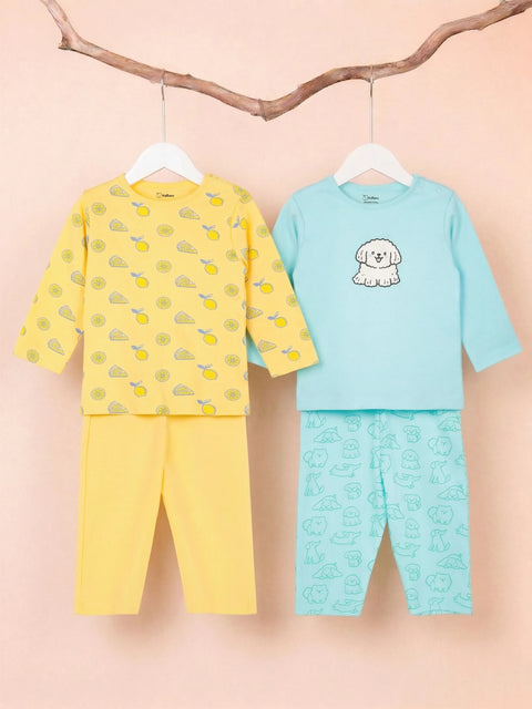 Organic Cotton Baby T-Shirt & Pyjama Set Pack of 2 – Lemon & Blue Dog Print Full Sleeve