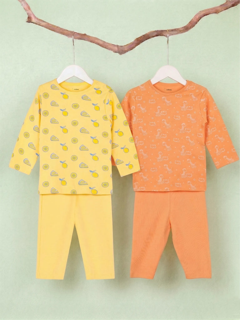 Organic Cotton Baby T-Shirt & Pyjama Set Pack of 2 – Lemon & Giraffe Print Full Sleeve