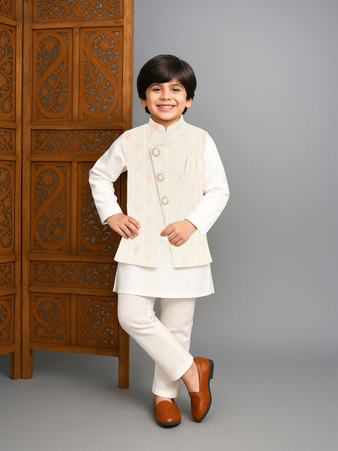 Boys Ethnic Wear Set | Kurta Pajama with Stylish Nehru Jacket | Festive Traditional Outfit for Kids | White