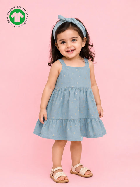 Girls Organic Cotton Dusty Blue Dress with Matching Headband
