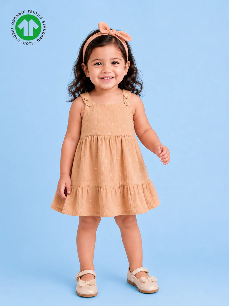 Girls Organic Cotton Beige Dress with Matching Headband