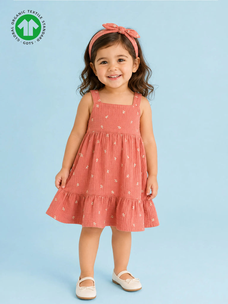 Girls Organic Cotton Coral Pink Dress with Matching Headband