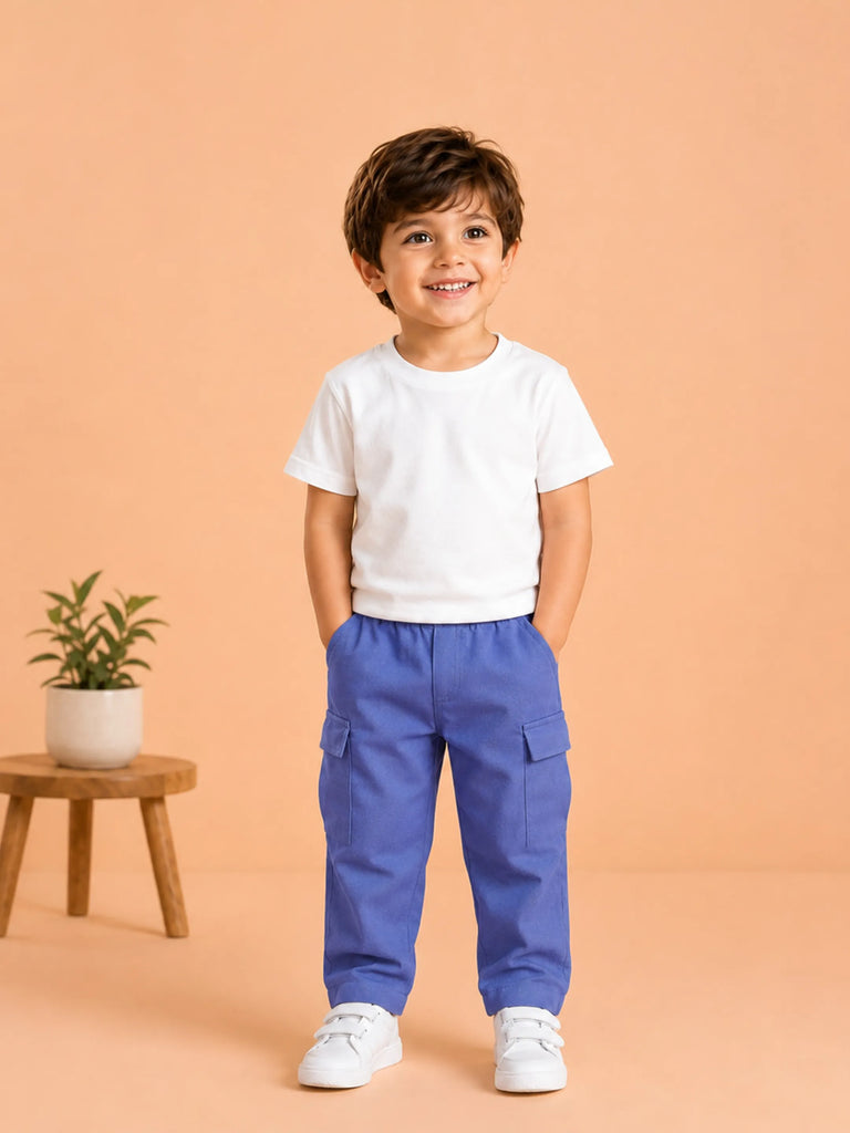 Unisex Blue Cotton Kids Cargo Jogger Pants – Comfortable Everyday Bottomwear