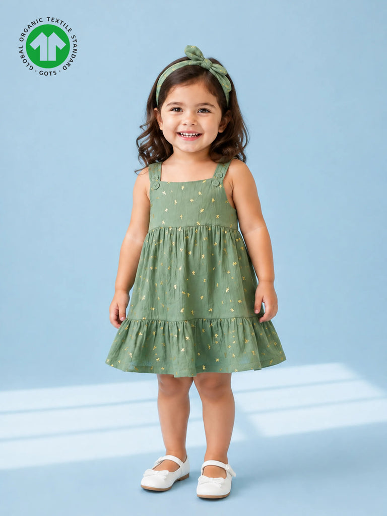Girls Organic Cotton Sage Green Dress with Matching Headband