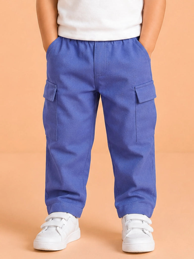Unisex Blue Cotton Kids Cargo Jogger Pants – Comfortable Everyday Bottomwear