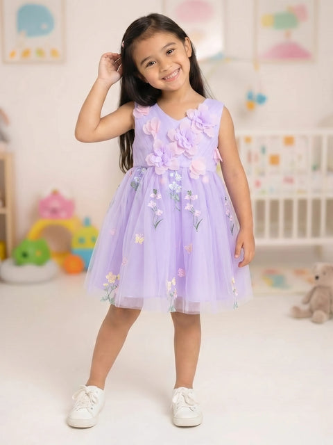 Baby Girl Party Dress – Lavender Tulle Floral Embroidered Dress with 3D Flower Applique