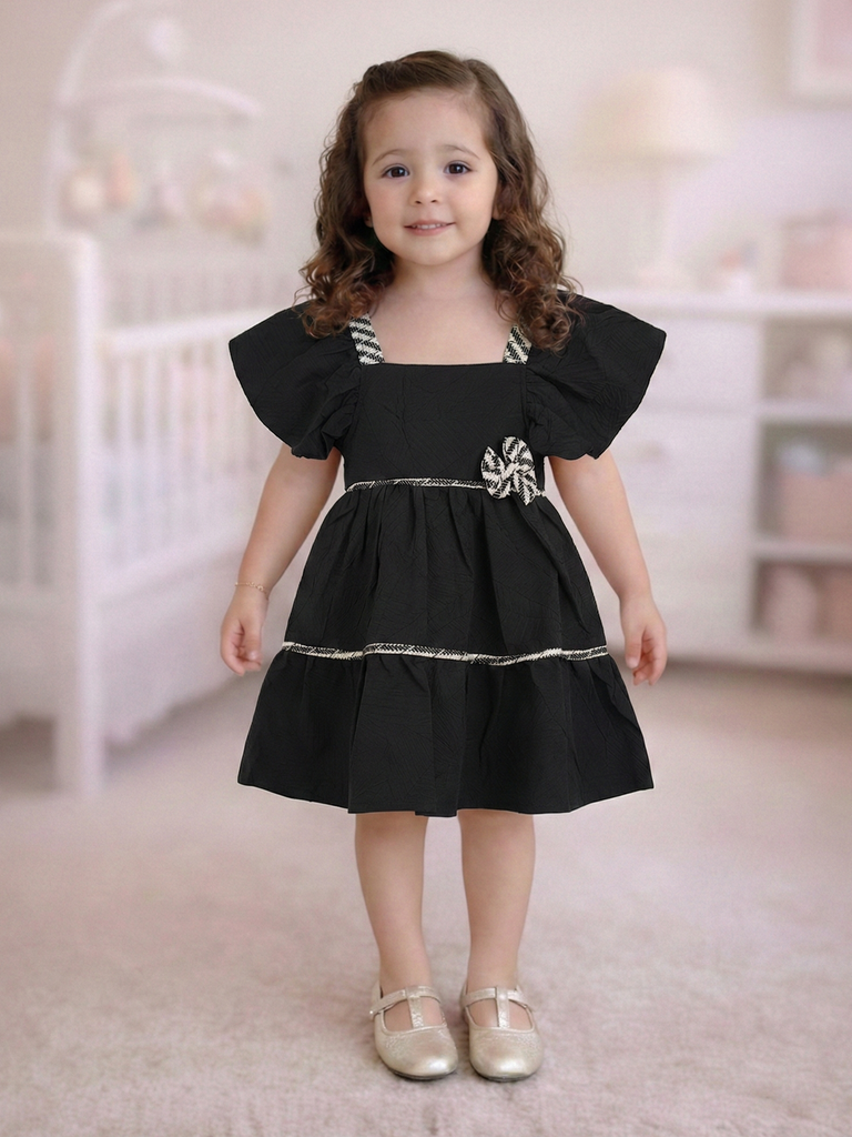 Baby Girls Puffed Sleeve Cotton Frock with Bow Detail